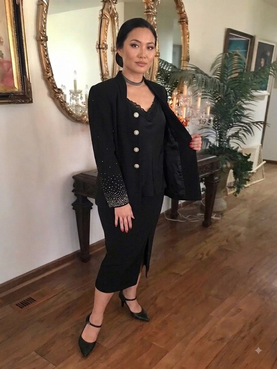 Solini Jackets & Blazers - SOLINI 3PC quiet Luxury black First Lady Skirt Suit w Rhinestones Plus SZ 24